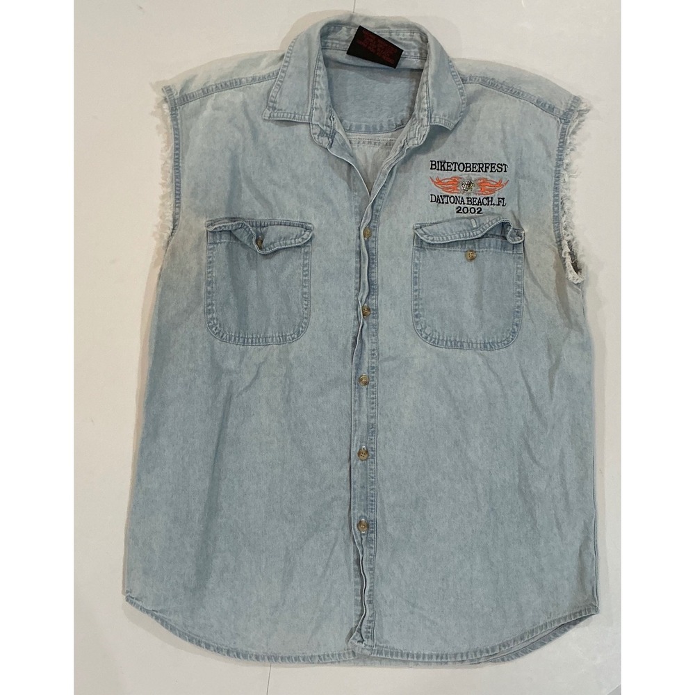 VTG Y2K Bikers World Biketoberfest 2002 Denim Vest Mens L Eagle‎ Flames Grunge